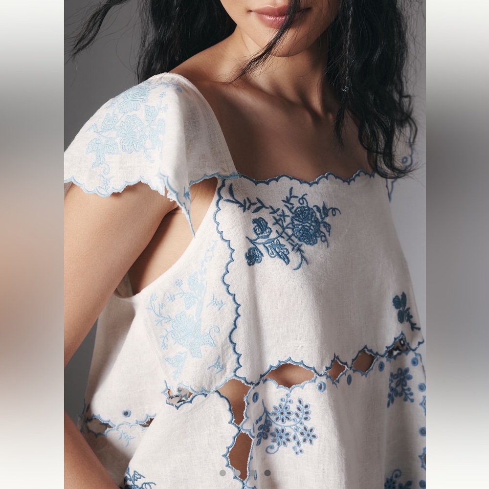 Anthropologie Linen-Blend Embroidered Flutter-Sleeve Cutout Top NEW Boho